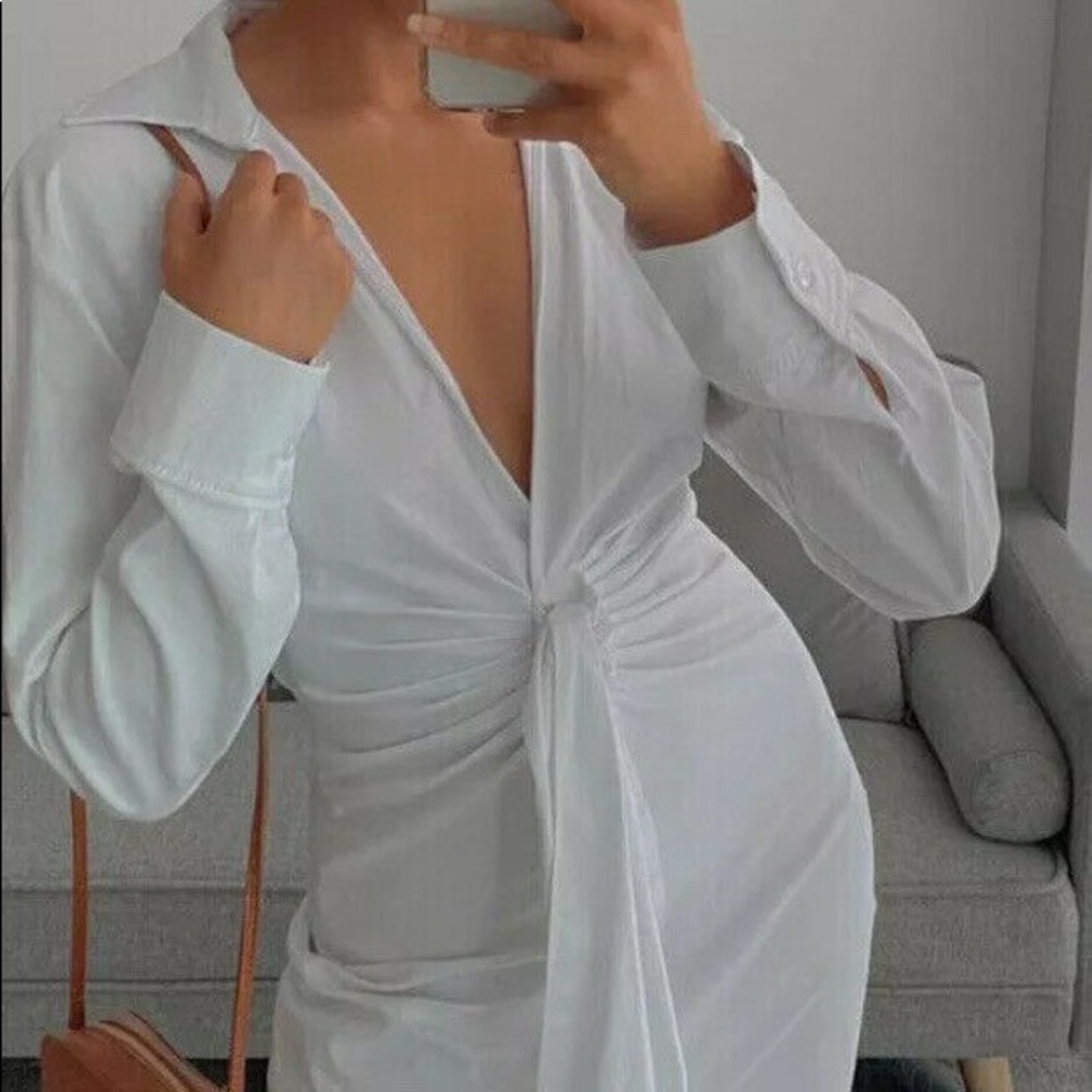 Zara Short Stretch Poplin Dress White Knot 4661/118 - Picture 8 of 10